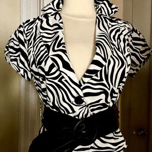 Vintage PARIS BLUES Zebra Striped Cotton Top, Wide Black Cinch Belt, Size Small